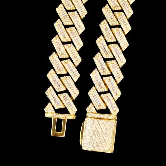diamond iced out gold miami cuban chain with baguette cut stones s-link design