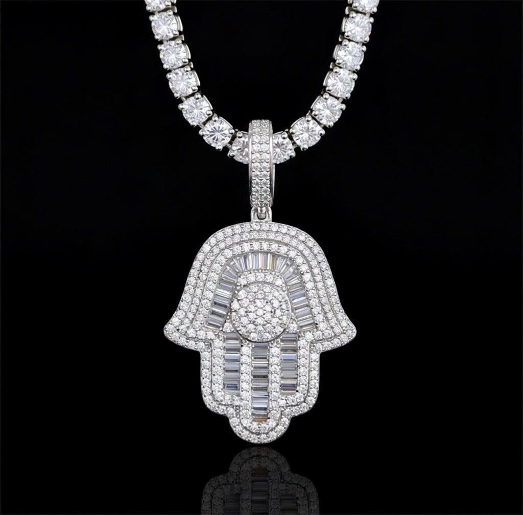White gold diamond Hamsa hand with 5mm tennis chain