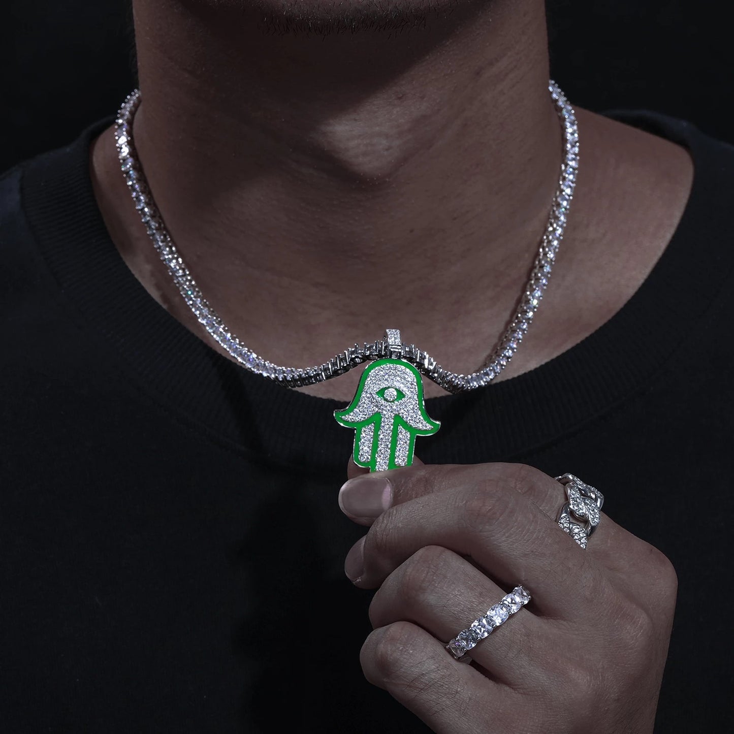 Silver Glow in the dark Hamsa hand with Moissanite diamonds