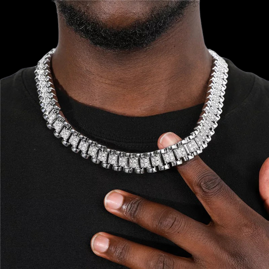 iced out 14mm white gold rollie link chain with diamond setting