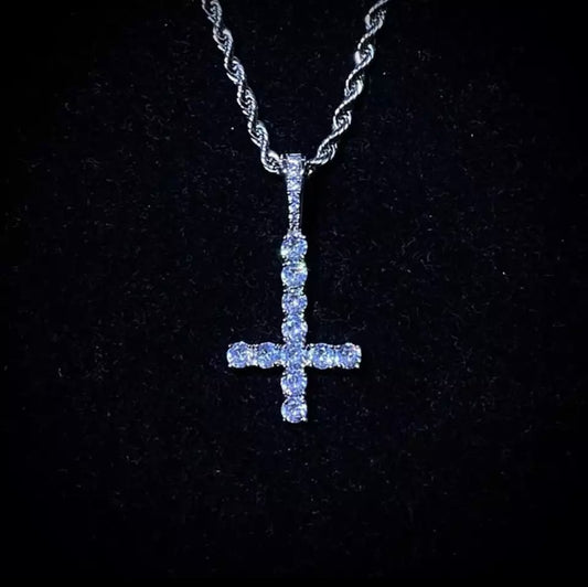 Inverted Diamond Tennis Cross Pendant