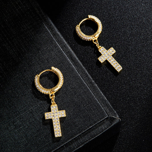 Boucles d'oreilles créoles croix Iced Out plaquées or