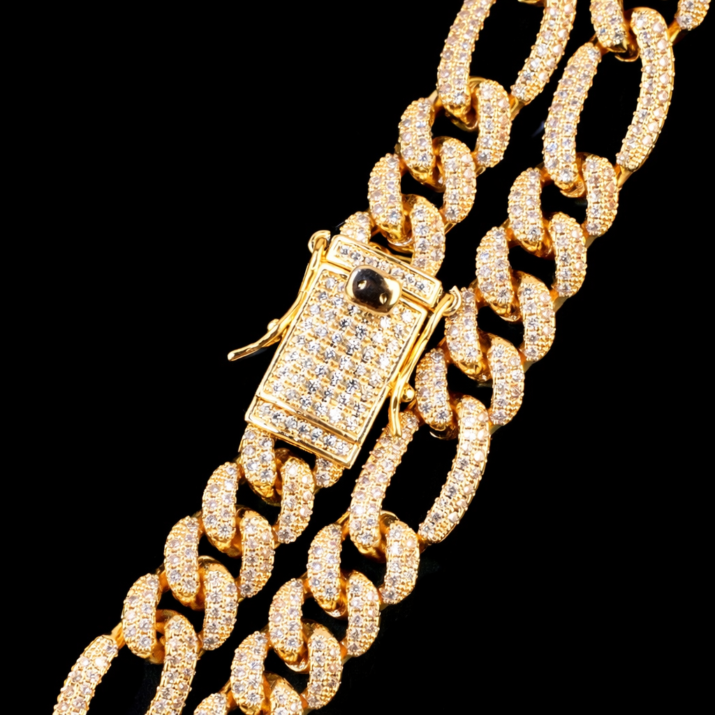 diamond iced out gold Figaro chain 10mm luxury design