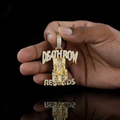 14k gold Death Row Records pendant with pavé diamond lettering and detailed electric chair design on Cuban link chain.