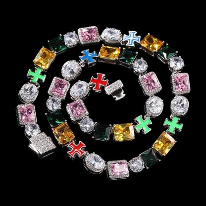 Iced trinity spectrum tennis necklace with rainbow diamond setting