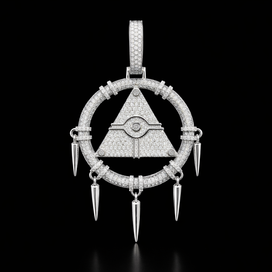 White Gold Millennium Ring pendant featuring pavé-set diamonds, circular frame and hanging spike details
