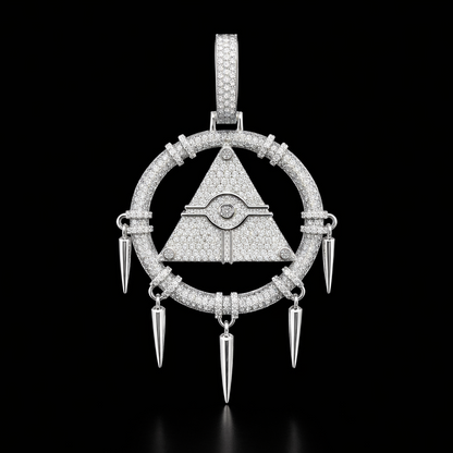 White Gold Millennium Ring pendant featuring pavé-set diamonds, circular frame and hanging spike details