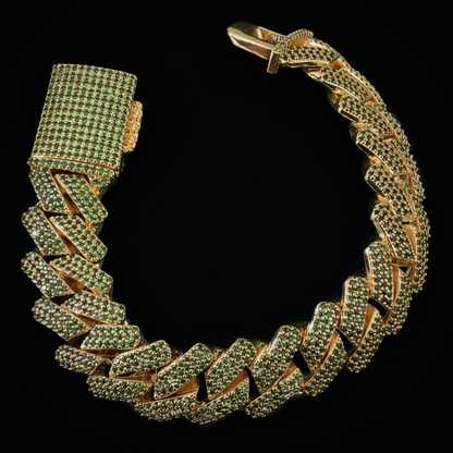 gold diamond iced out miami cuban bracelet with emerald green stones