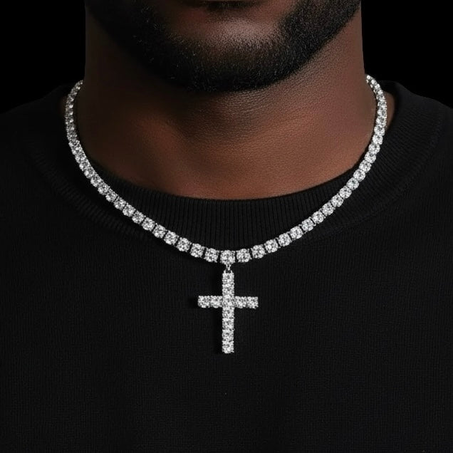 Iced out white gold cross tennis chain necklace with diamond stones