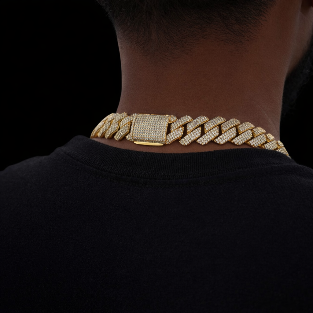 Iced out 19mm gold Cuban chain with S-link construction and diamonds