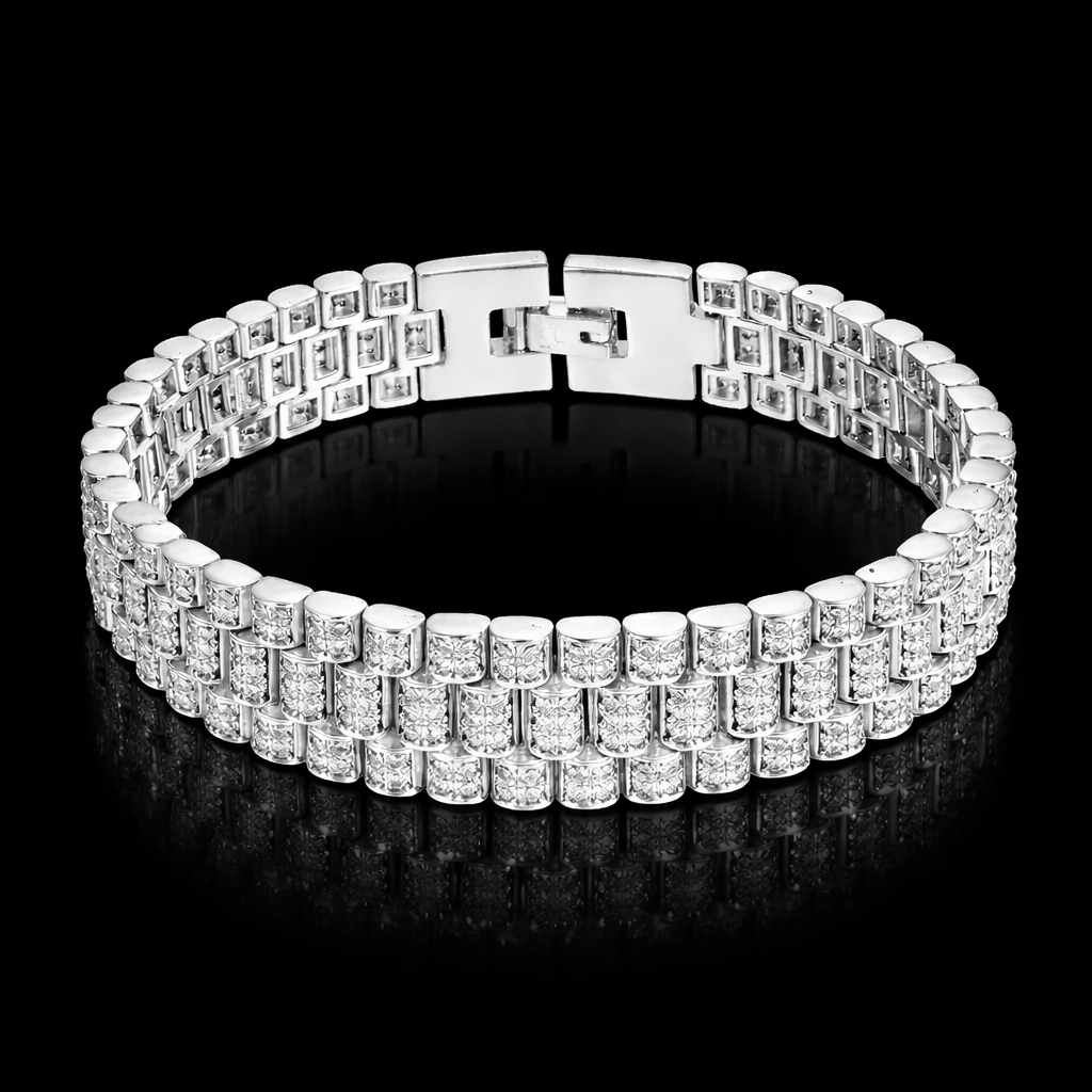 White gold fully iced President diamond link bracelet with three rows of pavé hand-set stones
