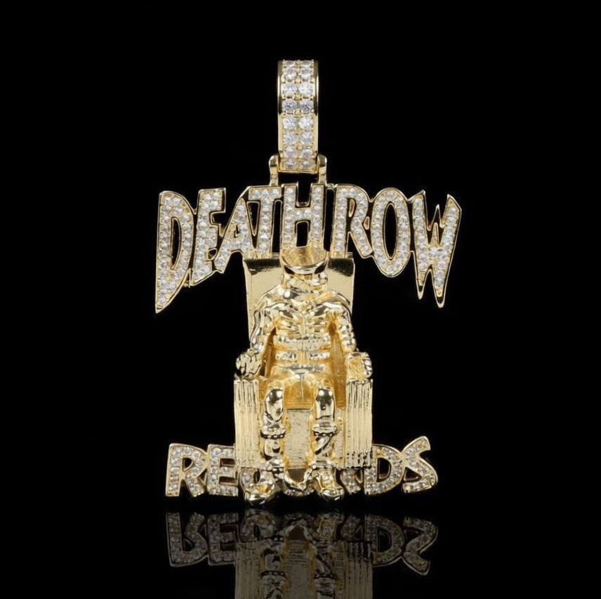 Gold Death Row Records pendant featuring diamond-set logo lettering and detailed electric chair centerpiece in polished 14k gold.