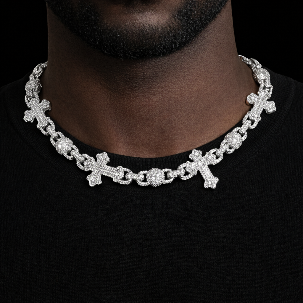 Iced multi cross link chain necklace with diamond stones