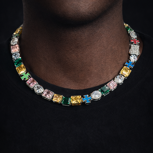 Trinity spectrum iced tennis chain necklace with multicolor diamond stones