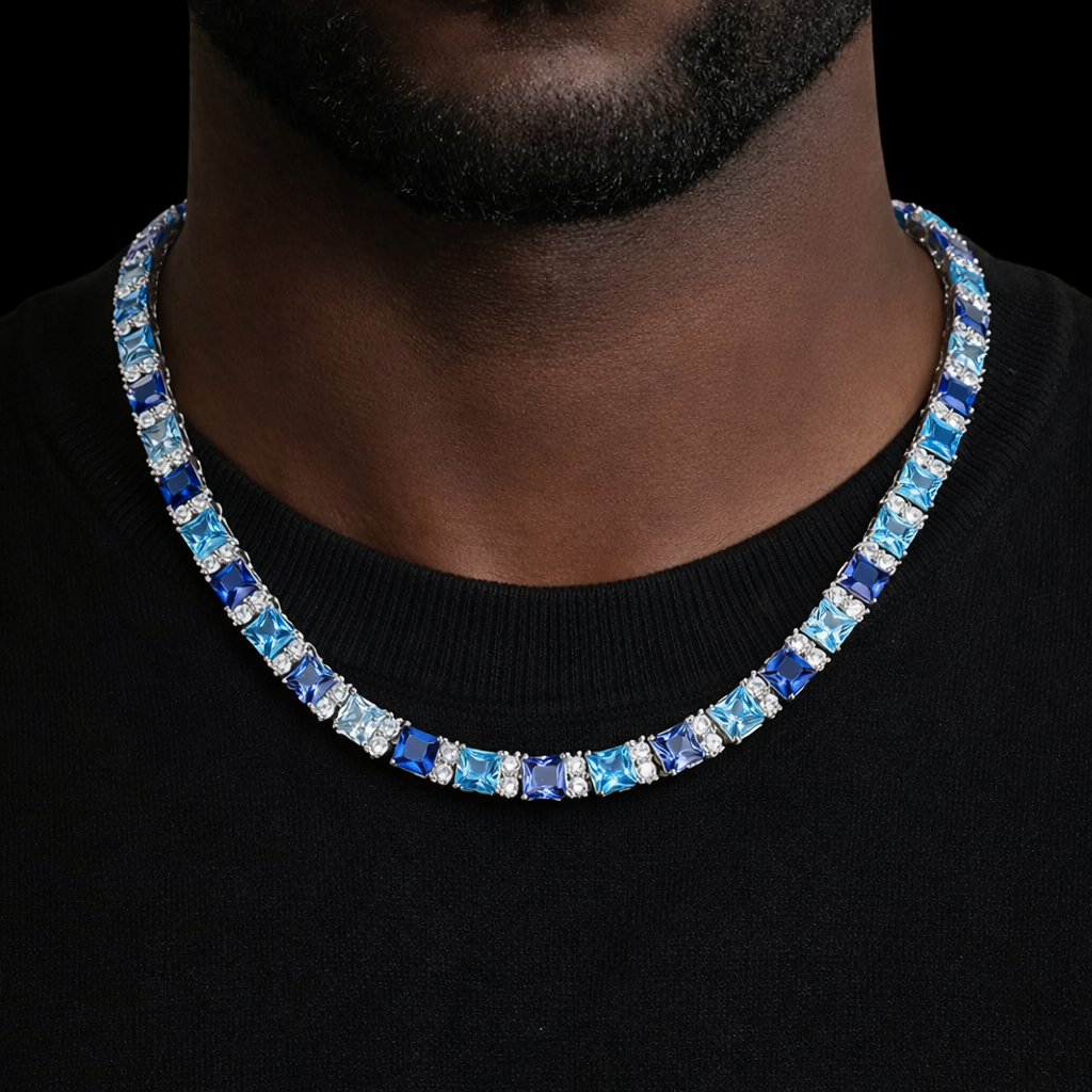 Iced blue royale tennis chain necklace with diamond stones