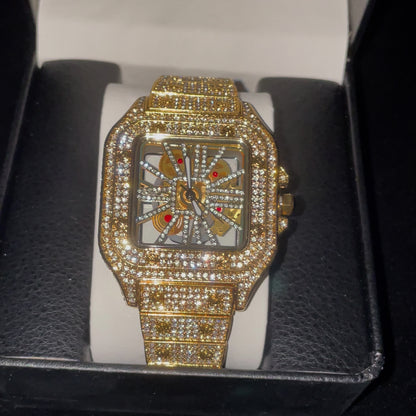 Iced Out Gold Plated King Square Skeleton Watch