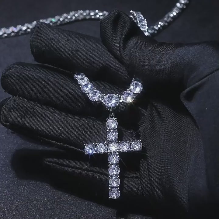 Diamond iced cross tennis necklace, luxury hip hop jewelry